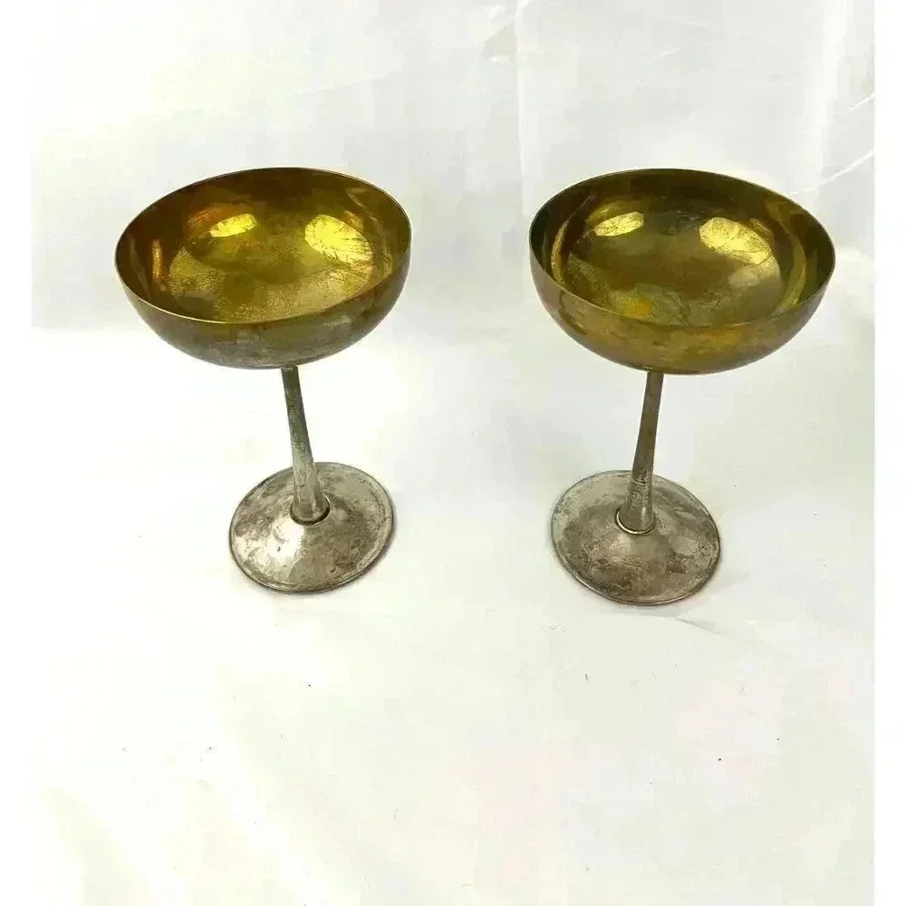 VTG Pair Leonard Silver‎ Toned Brass Tarnished Goblets Chalice